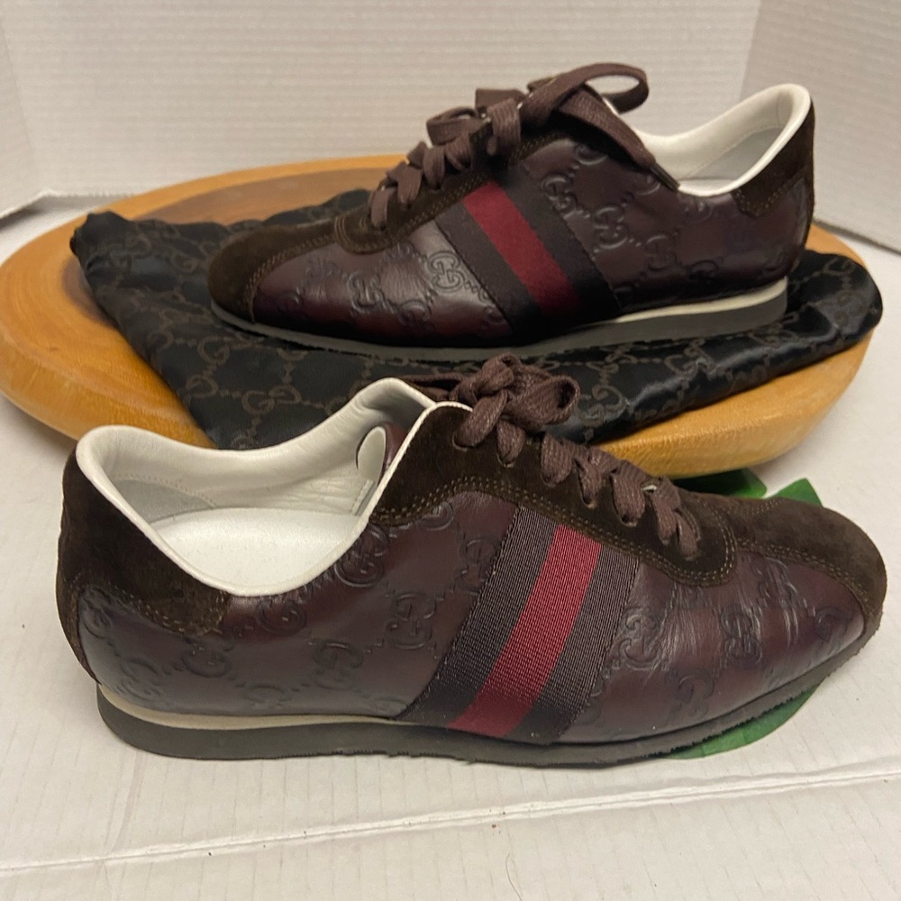 Gucci Brown Leather Monogram Embossed sneakers Sz:6